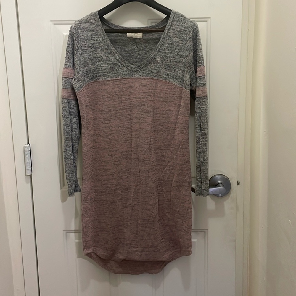 Pink and Gray V-Neck Sweater Dress